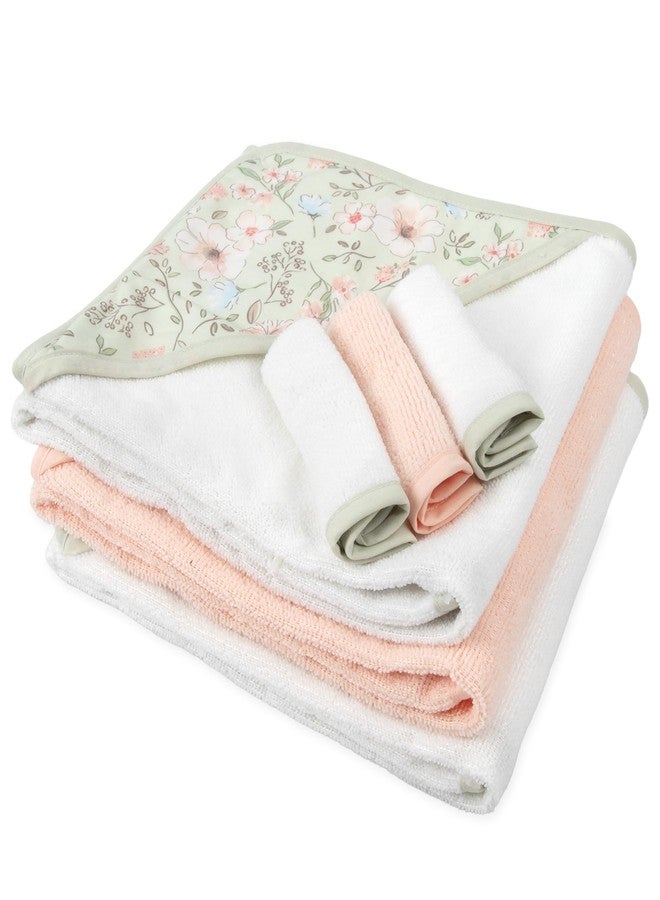 Baby Essentials Hooded Baby Bath Towel and Washcloth 6 Piece Set for Newborns, Infants & Toddlers, Boys & Girls Baby Hooded Towels Set Floral Pink - Image 2